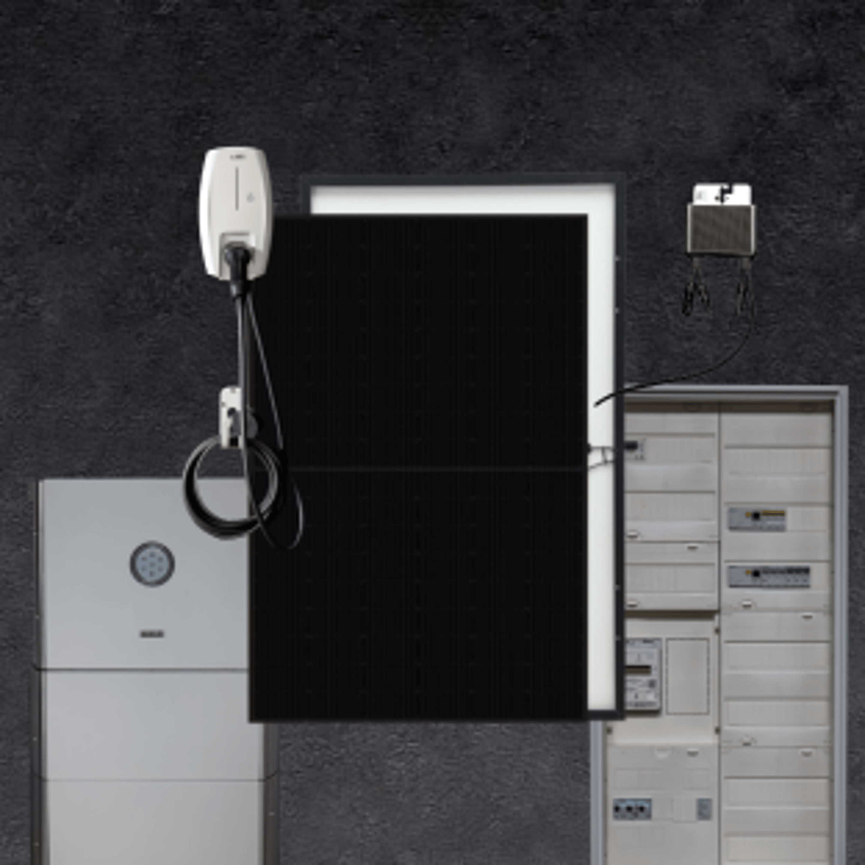 Wandladestation mit Kabel, Solarpanel, Batteriespeicher und Sicherungskasten.
