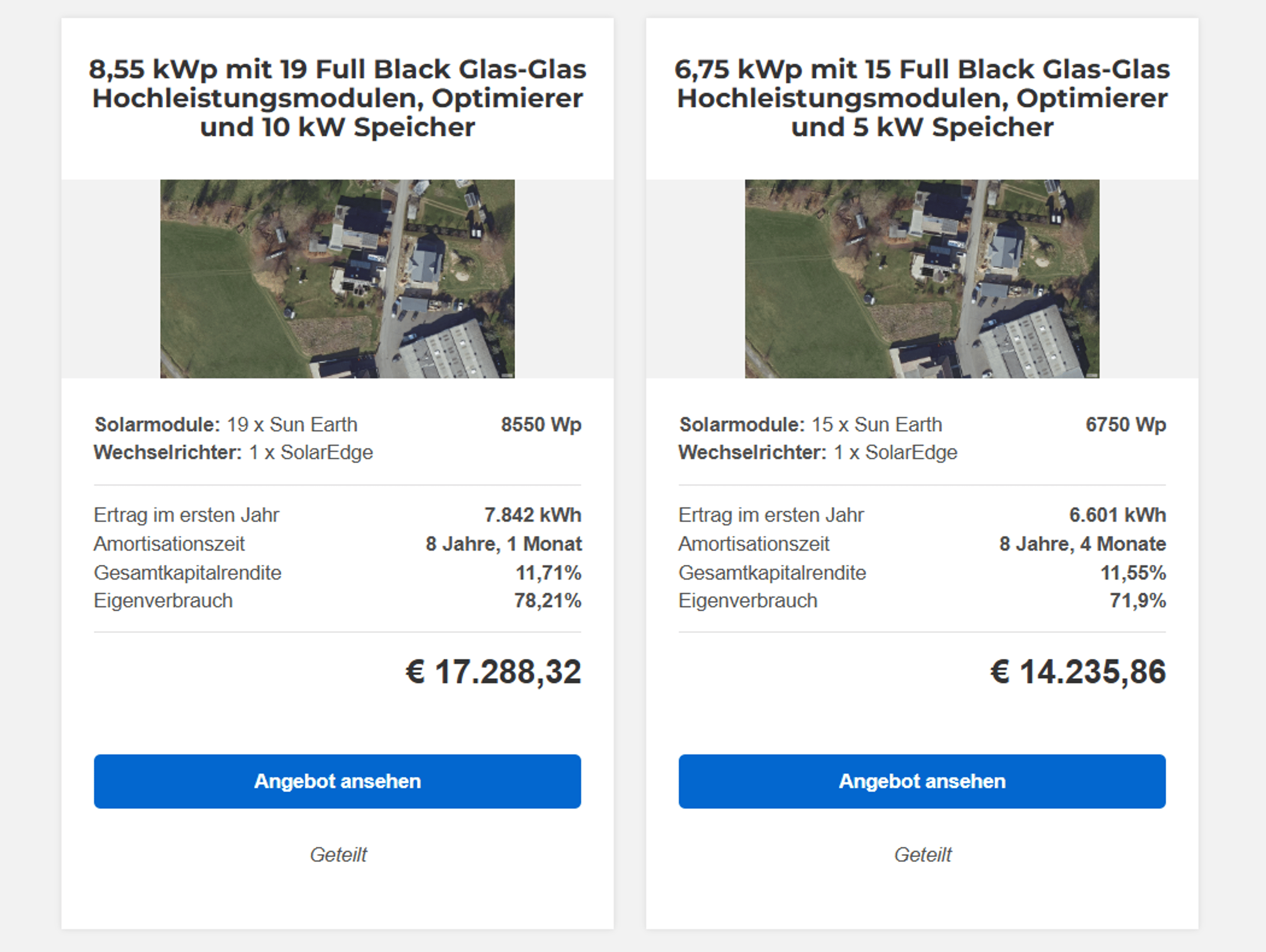 Zwei Angebote für Photovoltaikanlagen mit Details zu Leistung, Modulen, Ertrag, Amortisation und Preis.