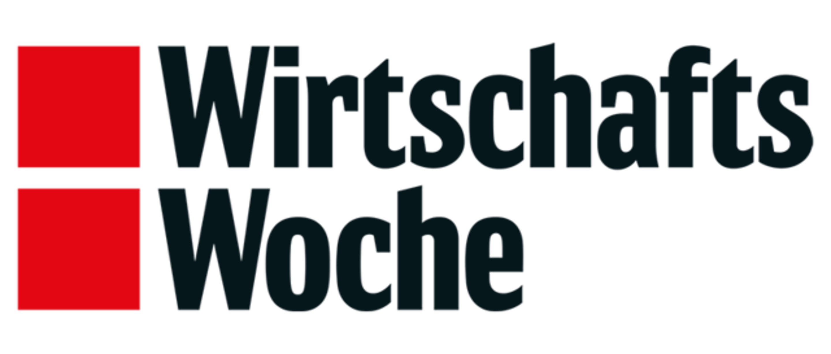 Das Logo der WirtschaftsWoche zeigt den Schriftzug „WirtschaftsWoche“ in Schwarz neben zwei roten Quadraten.