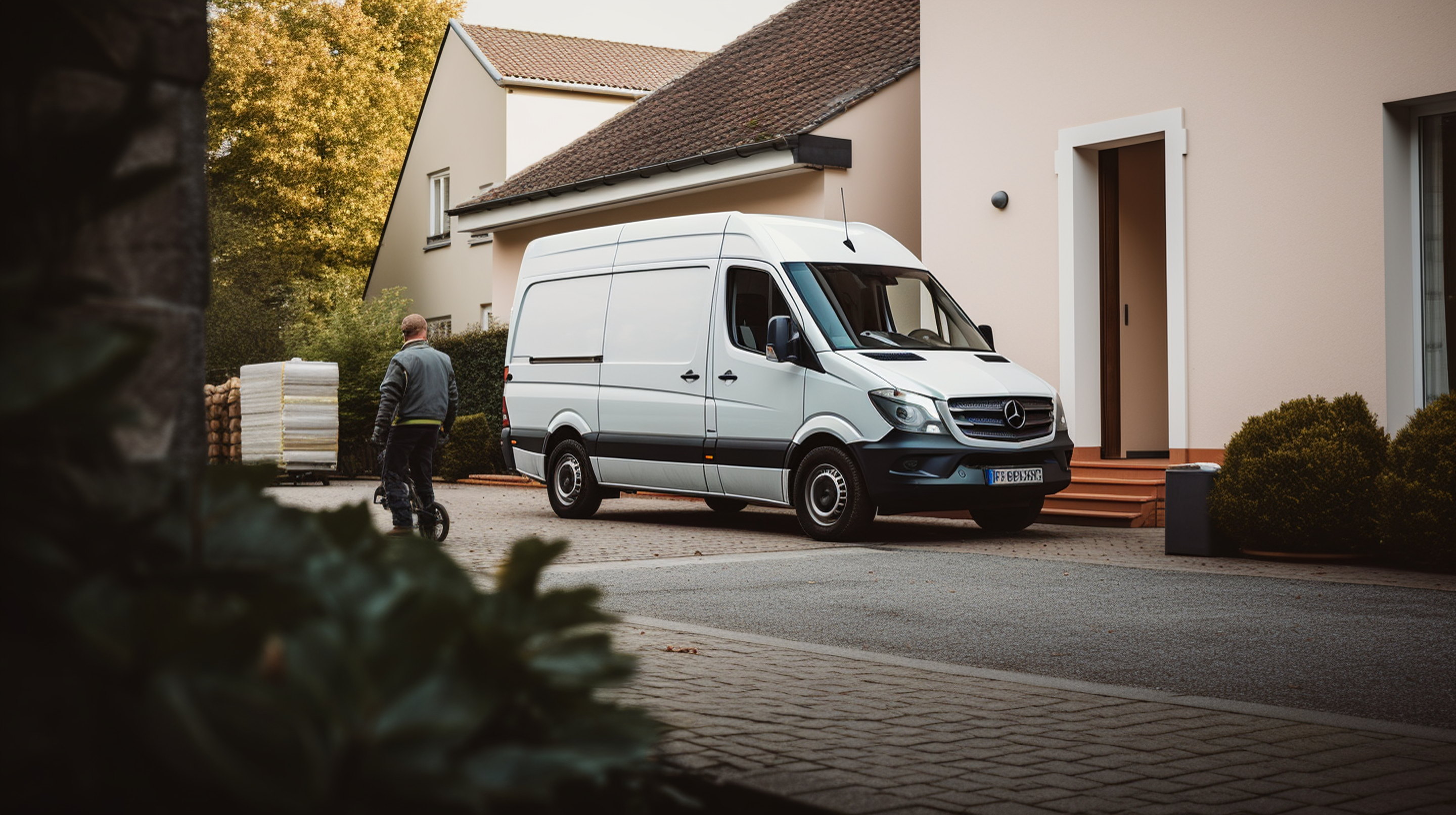 Ein weißer Lieferwagen steht vor einem Haus, während ein Mann einen Rollwagen mit Paketen schiebt.